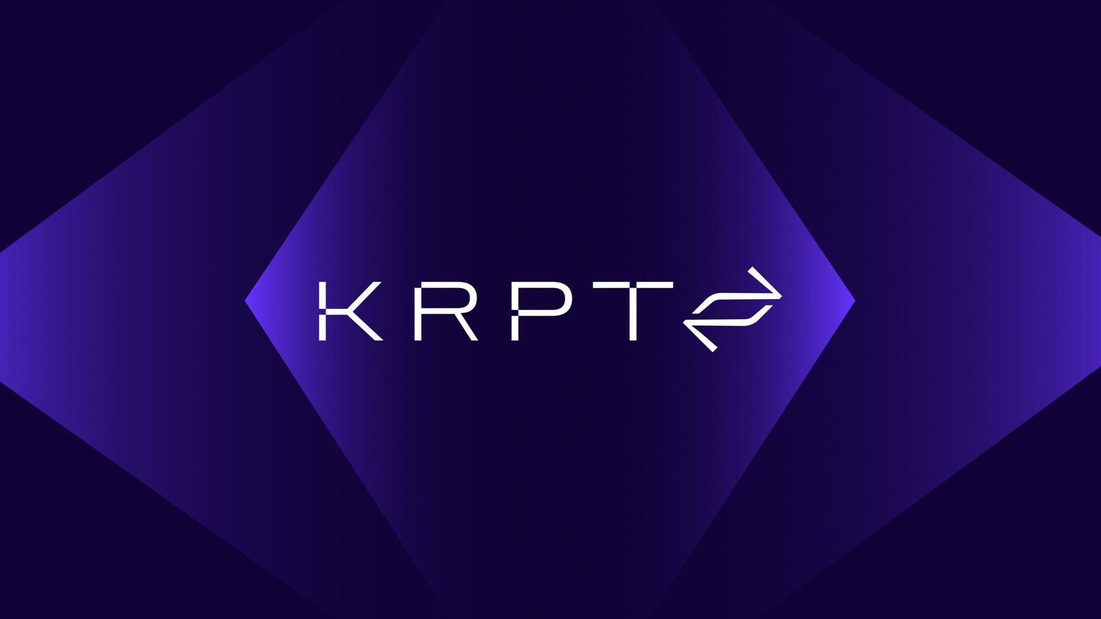 Futuristic logo for 'KRPT' displayed in sleek white typography with a stylized arrow icon, set against a geometric deep purple background with gradient lighting effects, evoking a modern and high-tech aesthetic.